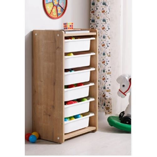 Bebek Çocuk Oyuncak Dolabı - Oyuncak Sandığı - Oval Kenar - 6 Raflı - Ahşap - 45x88 Cm