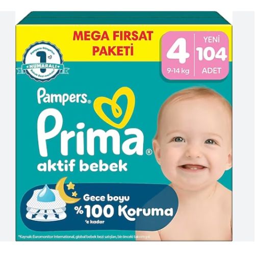 Prima Bebek Bezi Aktif Bebek Mega Fırsat Paketi 4 Numara 104'lü