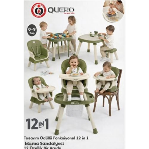 KIWI Quero Yummy 12in1 Mama Sandalyesi 12 Özellik Portatif Çalışma, Oyun Masalı Çok Fonksiyonlu Mama Sandalyesi