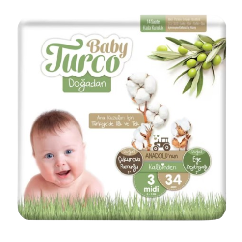 Baby Turco Bebek Bezi Doğadan Beden:3  (5-9kg)  34 Adet (göbek Bağı Oyuntulu)