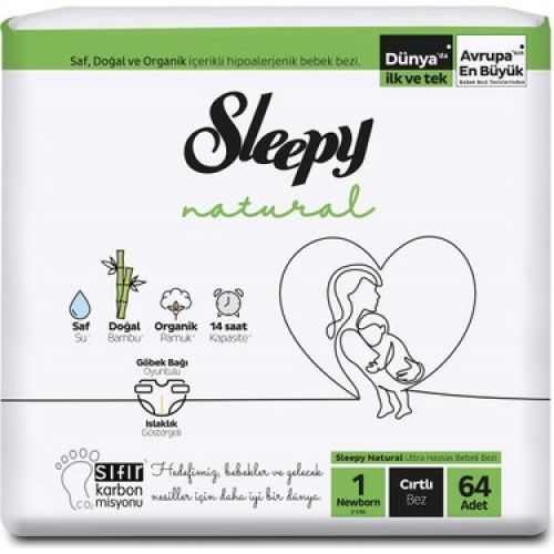 Sleepy Natural Jumbo 1 numara Bebek Bezi Yenidoğan 64 Adet  (2-5kg)