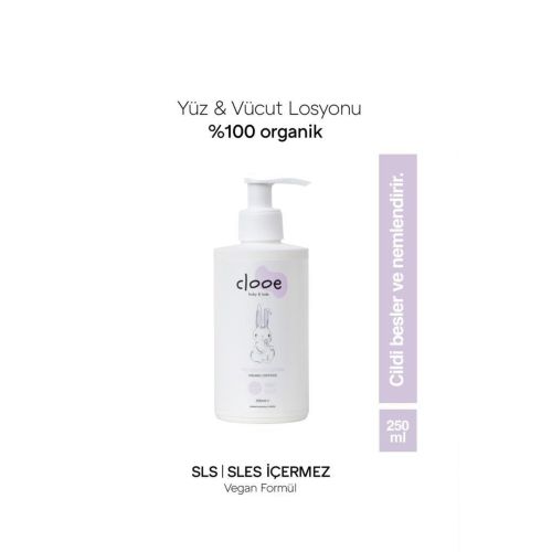Clooe Organik Bebek Losyonu (250ml) - Argan Yağı, Zeytinyağı, Huş, Gül Suyu