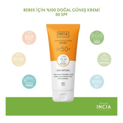 INCIA %100 Doğal Bebek Güneş Kremi Leke Karşıtı Mineral Filtreli Yüksek Koruma SPF50 UVA UVB 100 ml INCIA